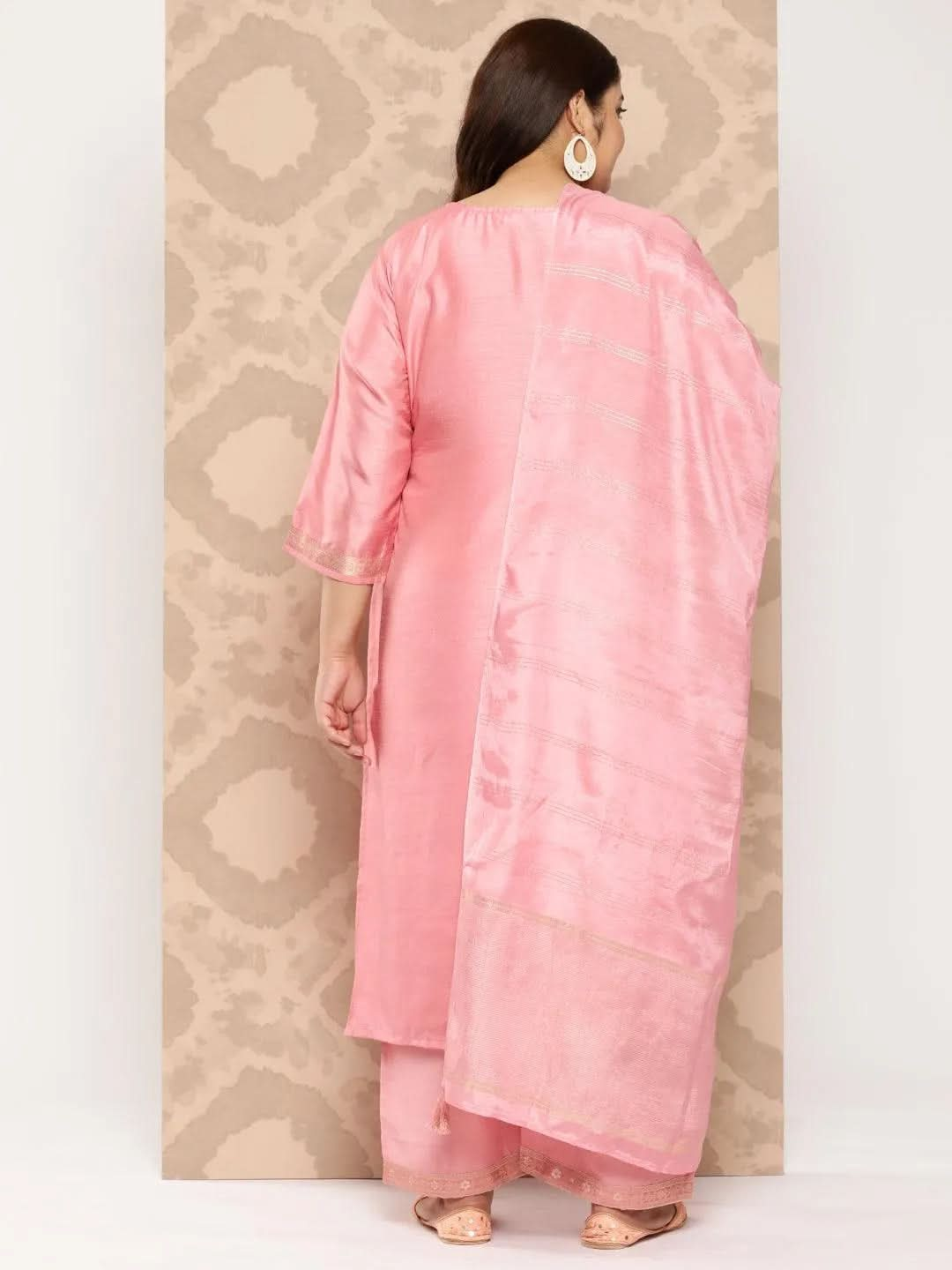 Peach Embroidered Silk Blend Straight Kurta With Trousers and Dupatta - Libas