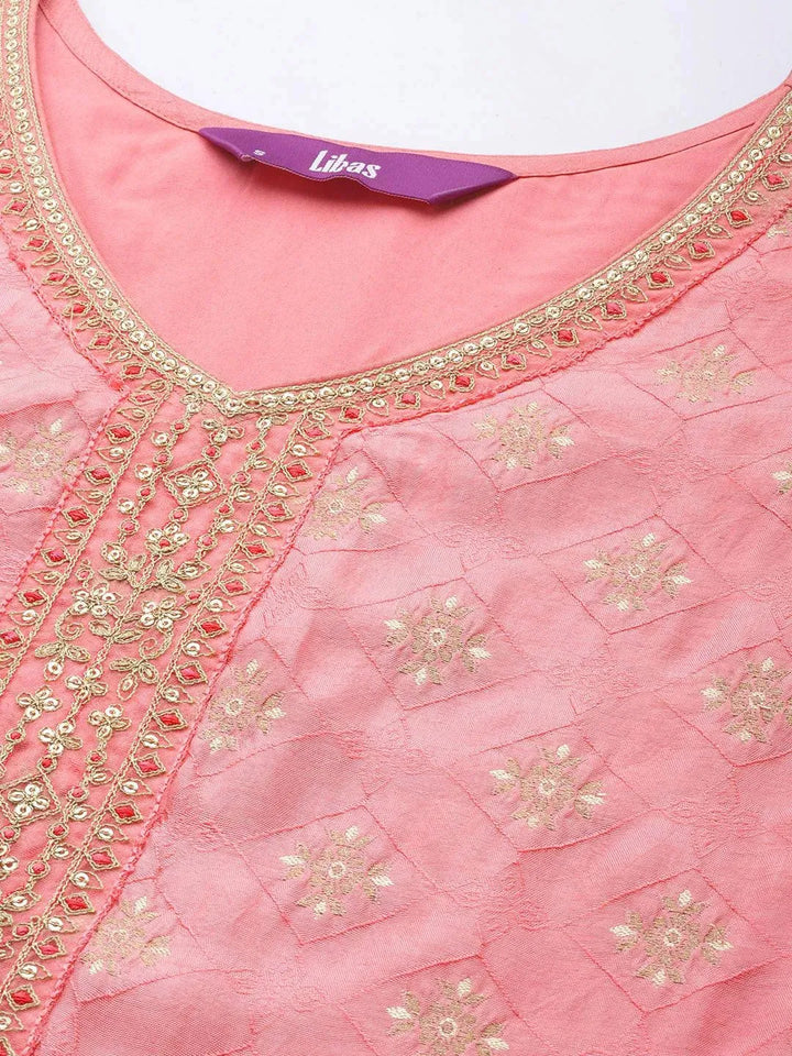 Peach Embroidered Silk Blend Suit Set With Trousers - Libas