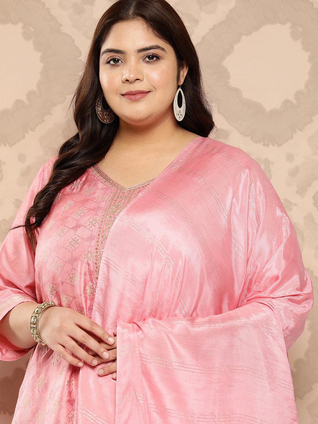 Peach Embroidered Silk Blend Straight Kurta With Trousers and Dupatta - Libas