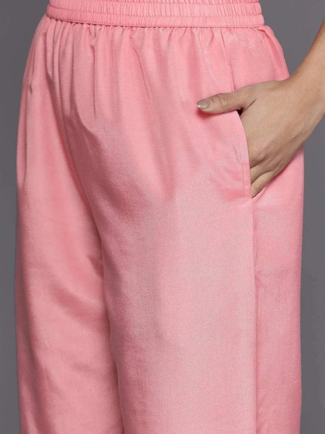 Peach Embroidered Silk Blend Suit Set With Trousers - Libas 
