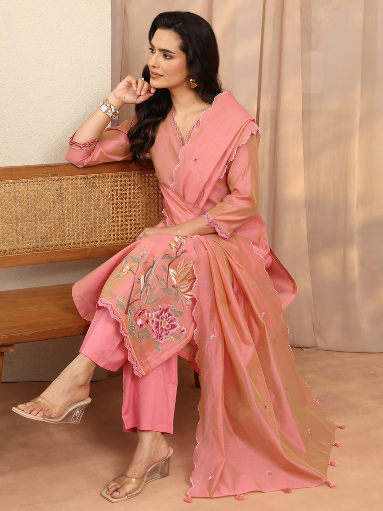Libas Peach Embroidered Silk Blend Straight Suit Set With Dupatta