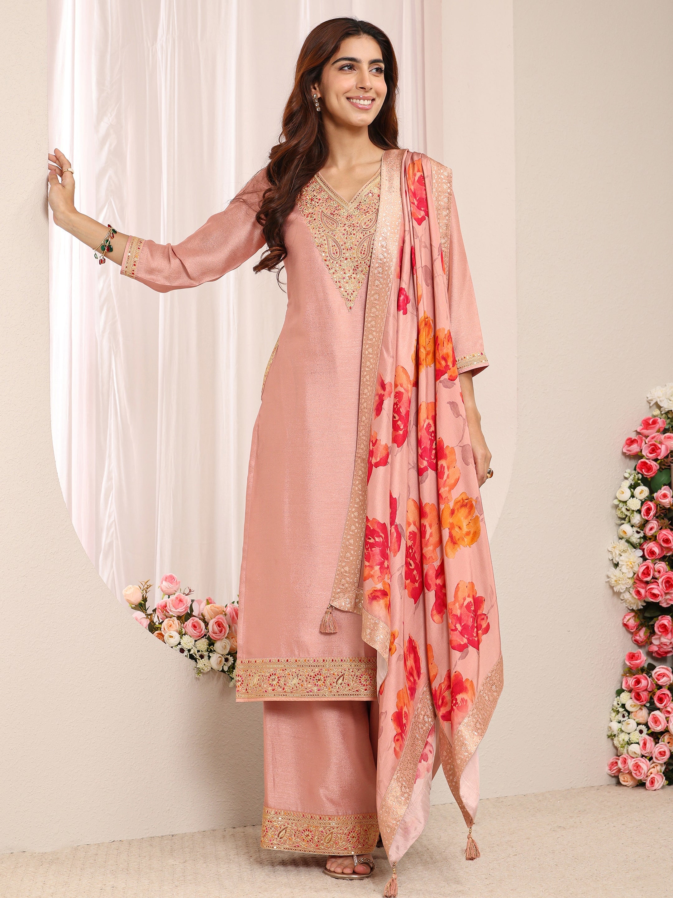 libas Peach Embroidered Silk Blend Straight Suit Set With Printed Dupatta-picture-29