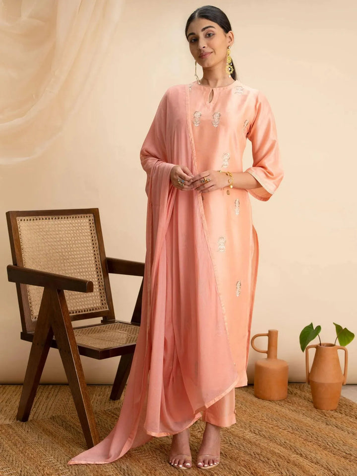 Peach Embroidered Silk Suit Set - Libas