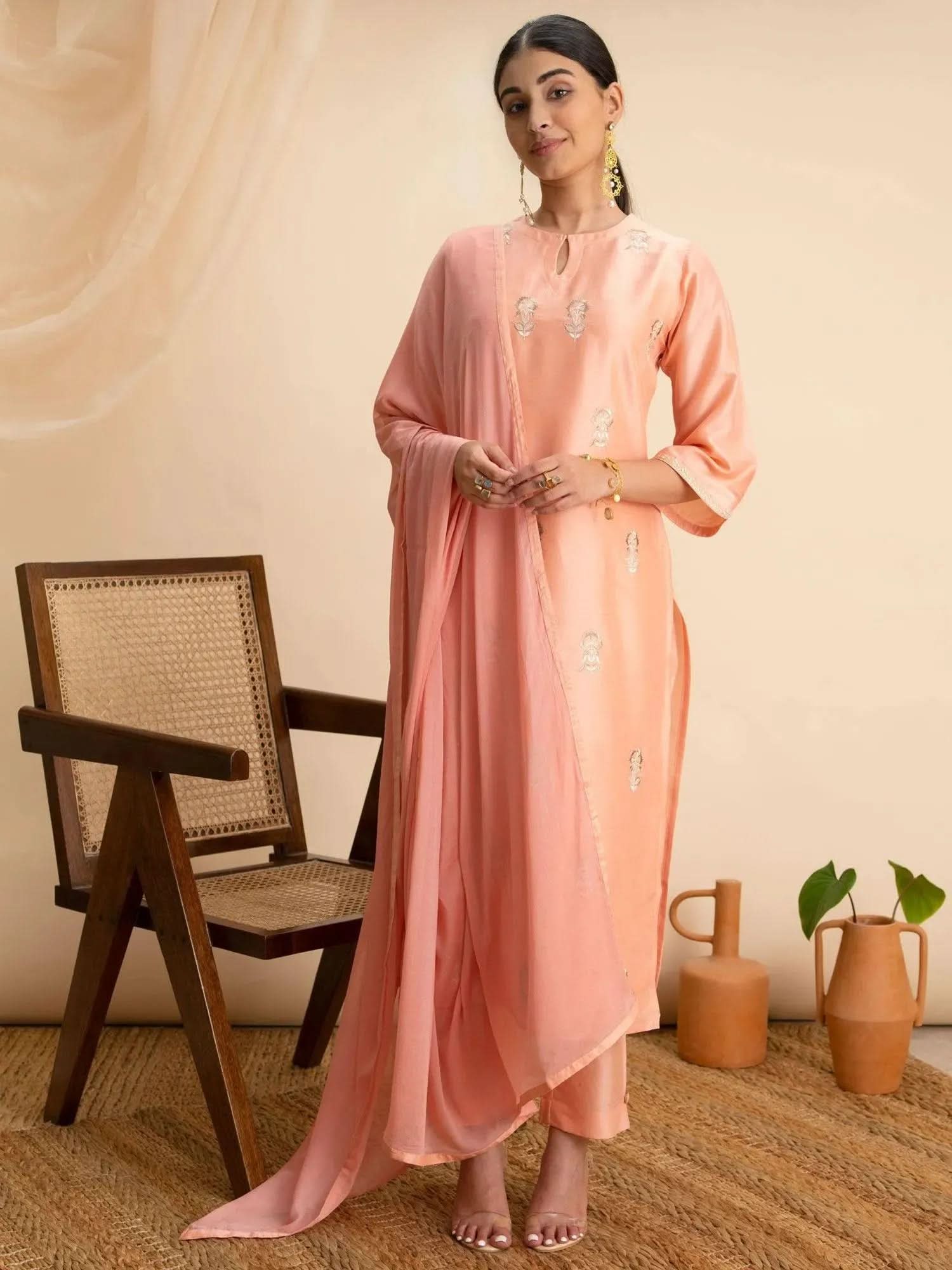 

Buy Peach Embroidered Silk Suit Set - 20030O- | Libas Ethnic Wear Online