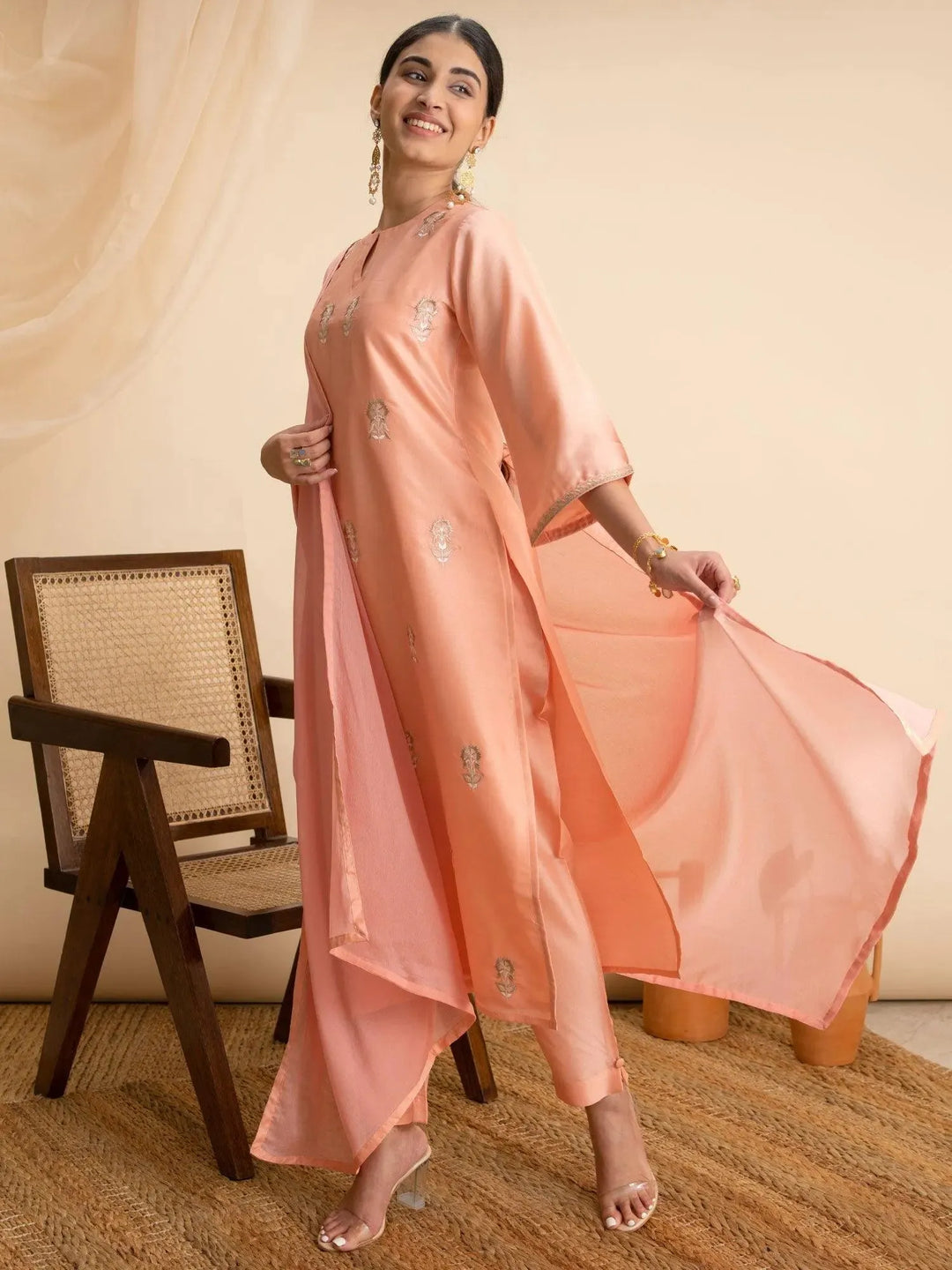 Peach Embroidered Silk Suit Set - Libas