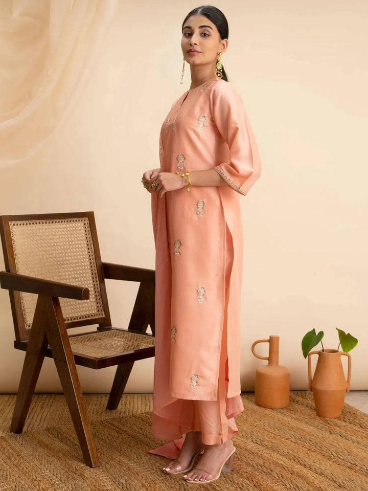 Peach Embroidered Silk Suit Set - Libas