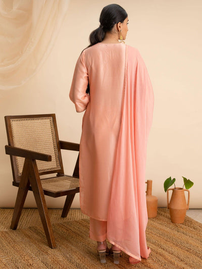 Peach Embroidered Silk Suit Set - Libas