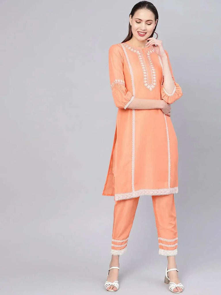 Libas Peach Embroidered Silk Straight Kurta With Trousers