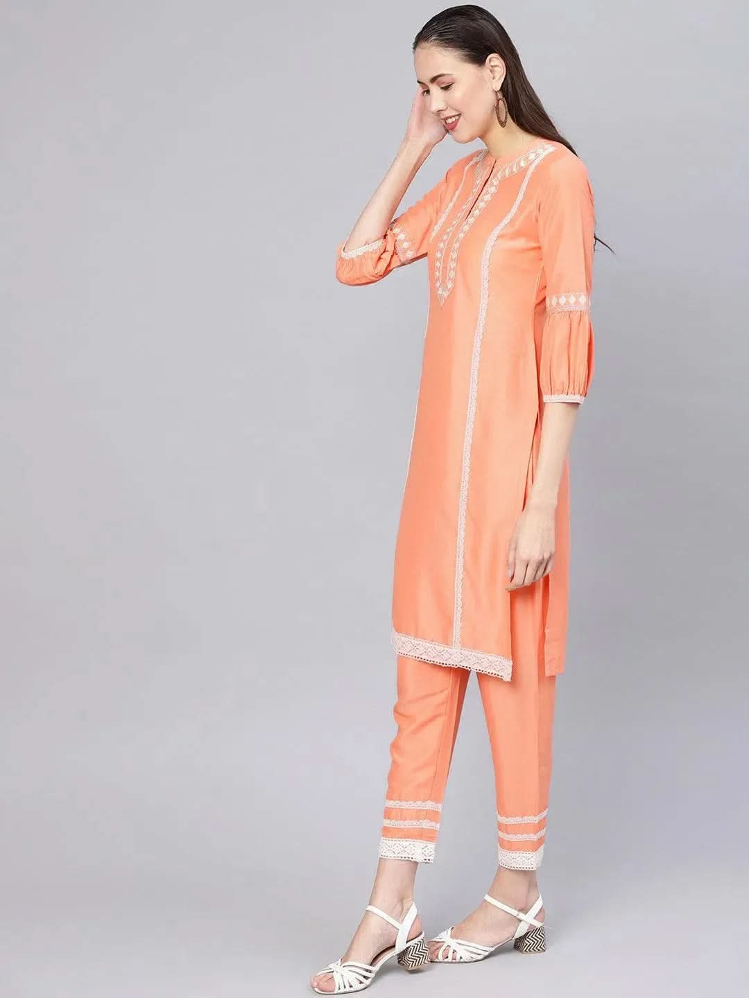 

Buy Peach Embroidered Silk Kurta Set - 6345MJ-XS | Libas Ethnic Wear Online