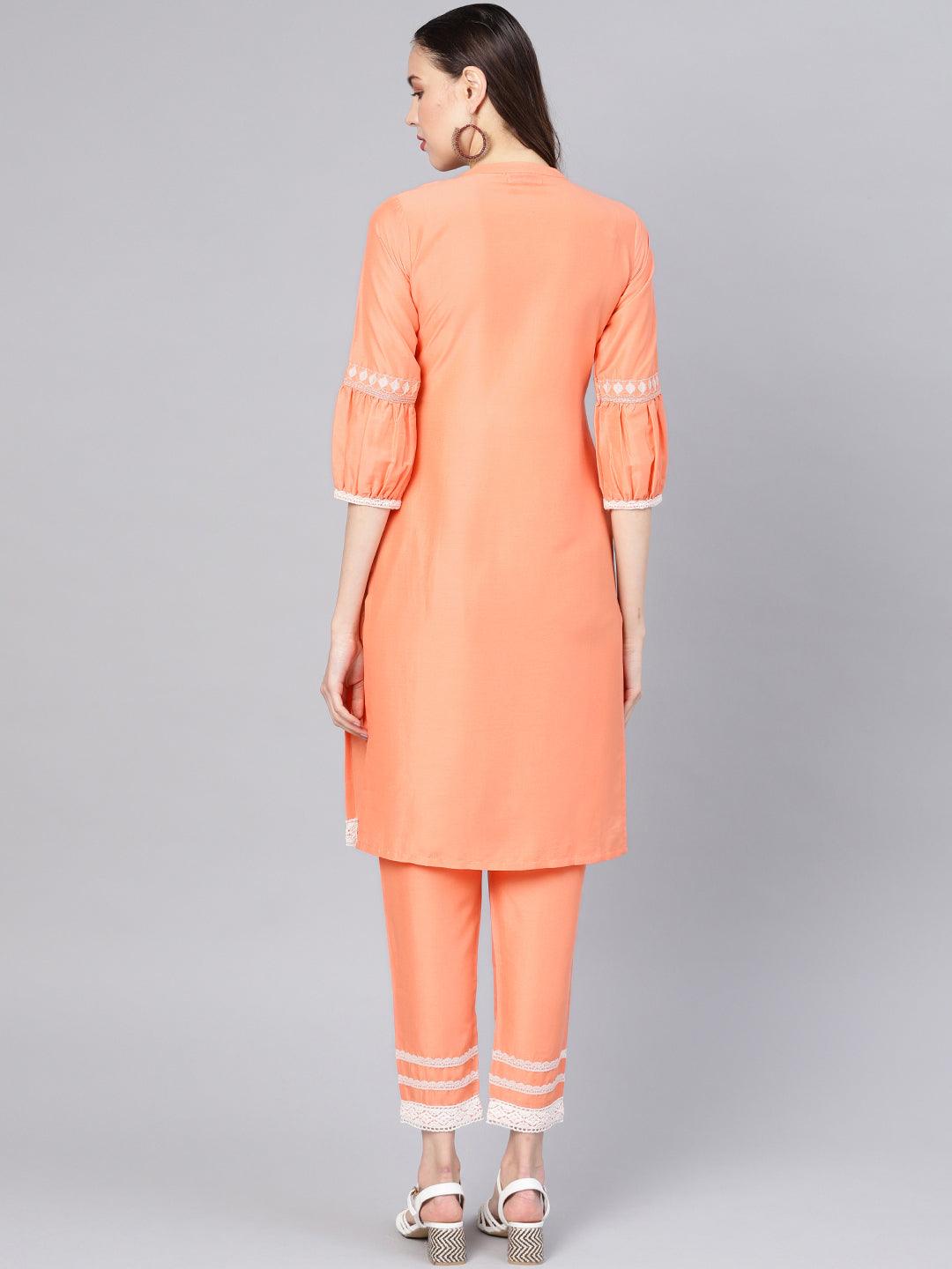 Peach Embroidered Silk Straight Kurta With Trousers