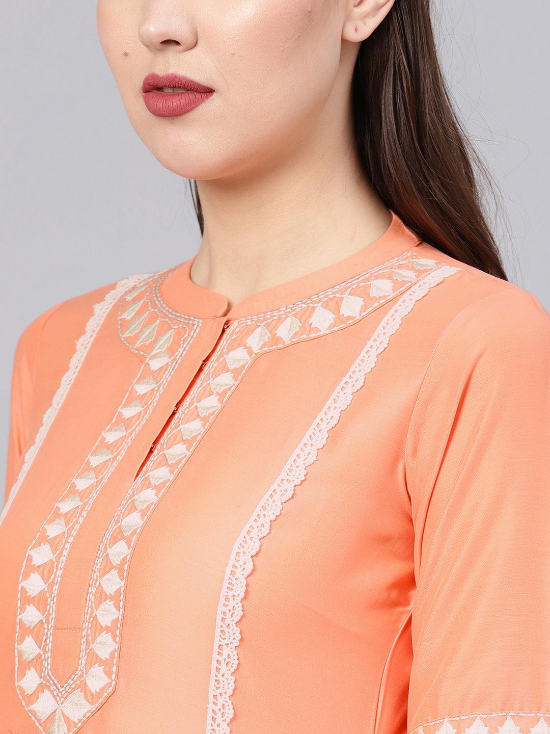 Peach Embroidered Silk Straight Kurta With Trousers