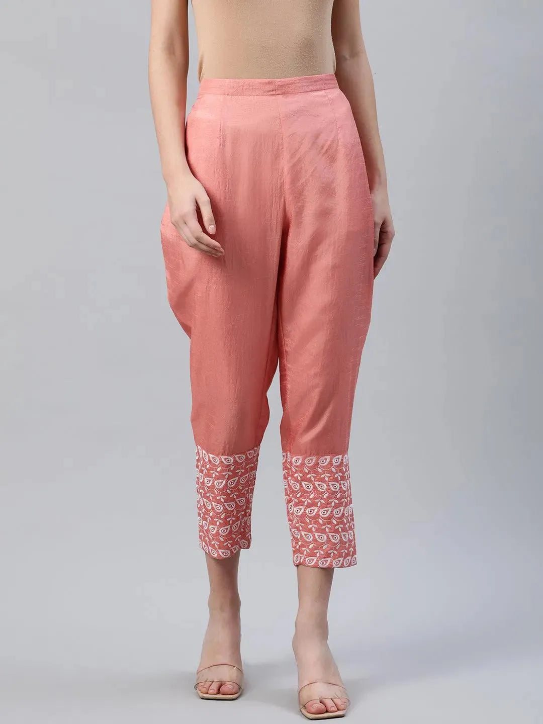 Peach Embroidered Silk Trousers - Libas