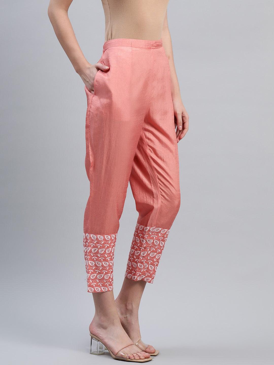 Peach Embroidered Silk Trousers