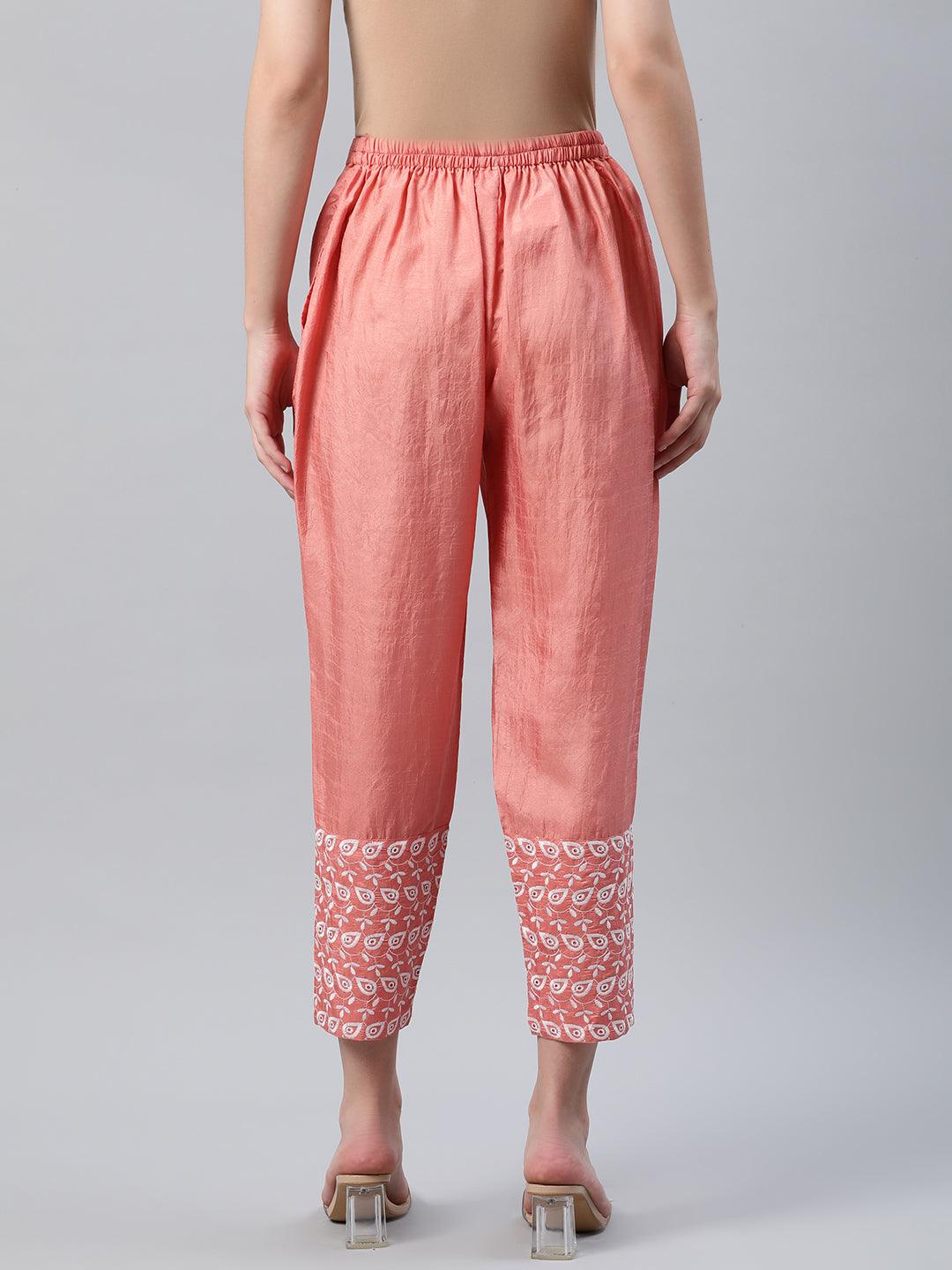 Peach Embroidered Silk Trousers