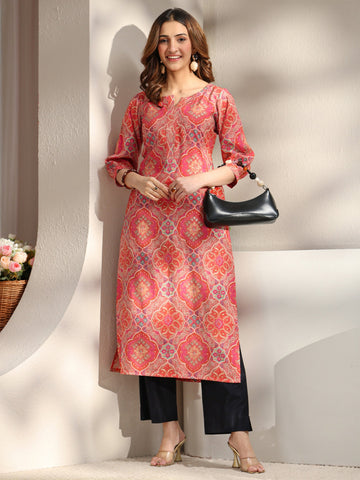 Libas Peach Ethnic Printed Silk Blend Straight Kurta