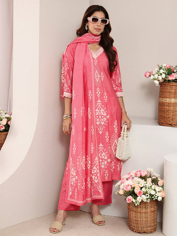 Peach Ethnic Printed Silk-Blend Straight Suit Set With Dupatta