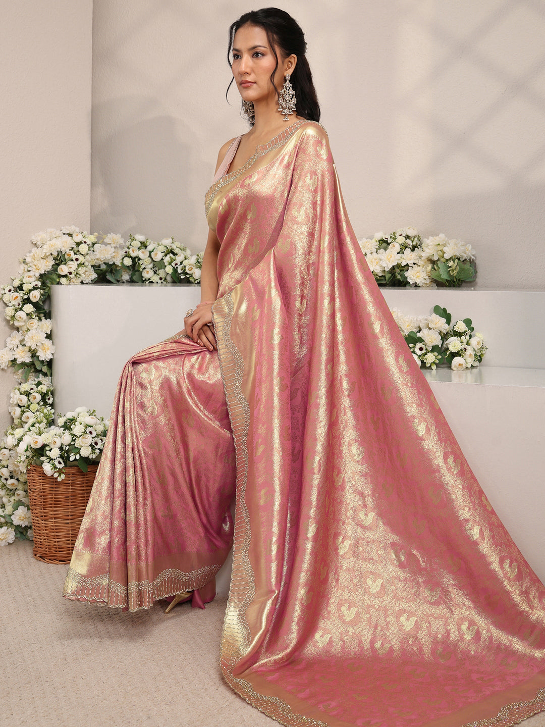 Peach Ethnic Woven Design Silk Blend Saree With Unstitched Blouse Piece