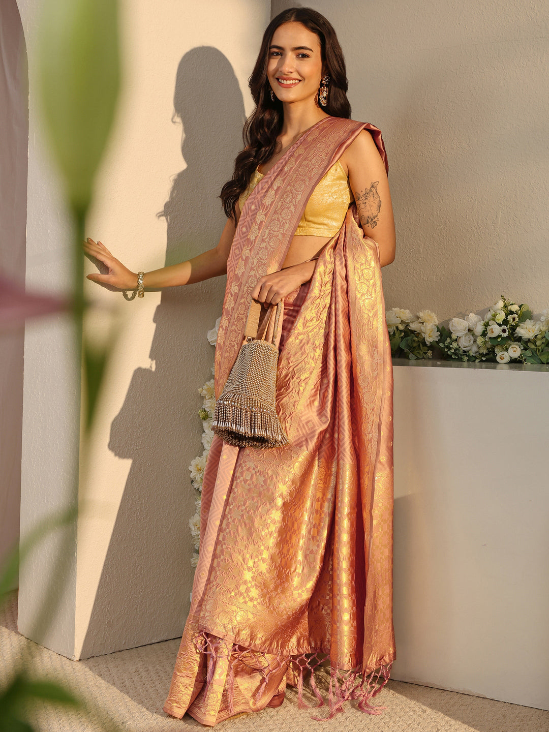  Peach Ethnic Woven Design Silk Blend Saree With Unstitched Blouse Piece 