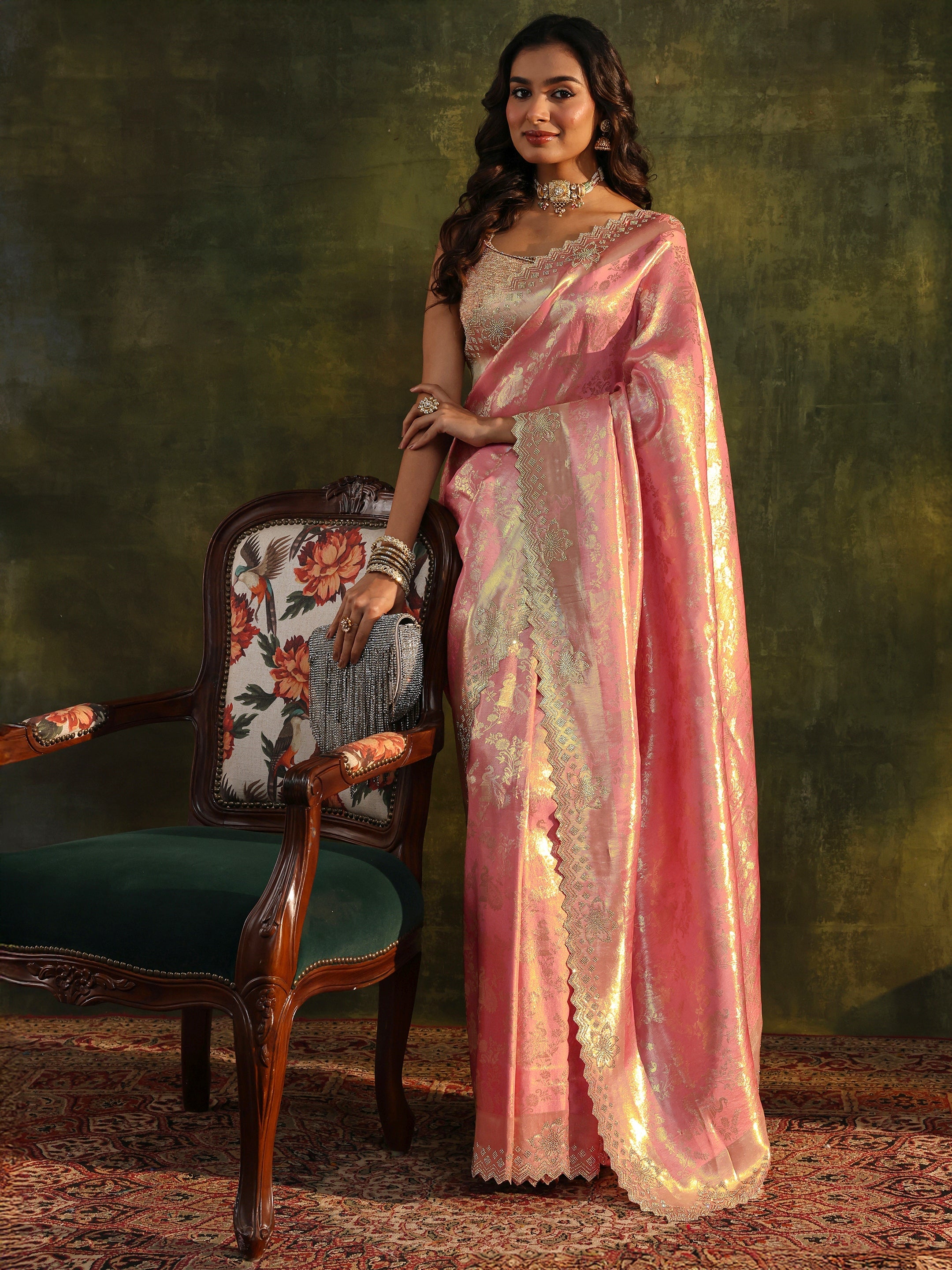 libas Peach Floral Embellished Silk Blend Saree With Unstitched Blouse Piece-picture-13