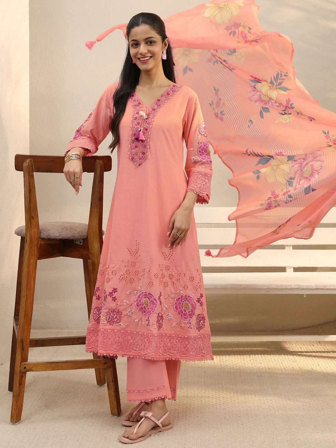  Peach Floral Embroidered Cotton Blend A-Line Suit Set 