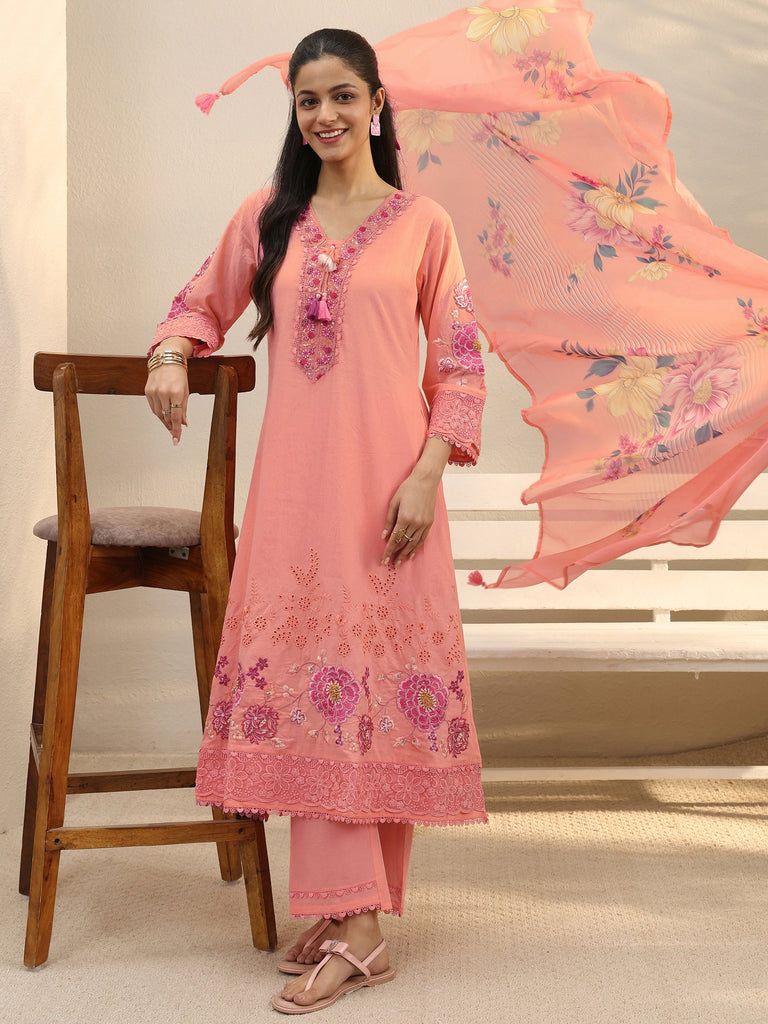 Libas Peach Floral Embroidered Cotton Blend A-Line Suit Set