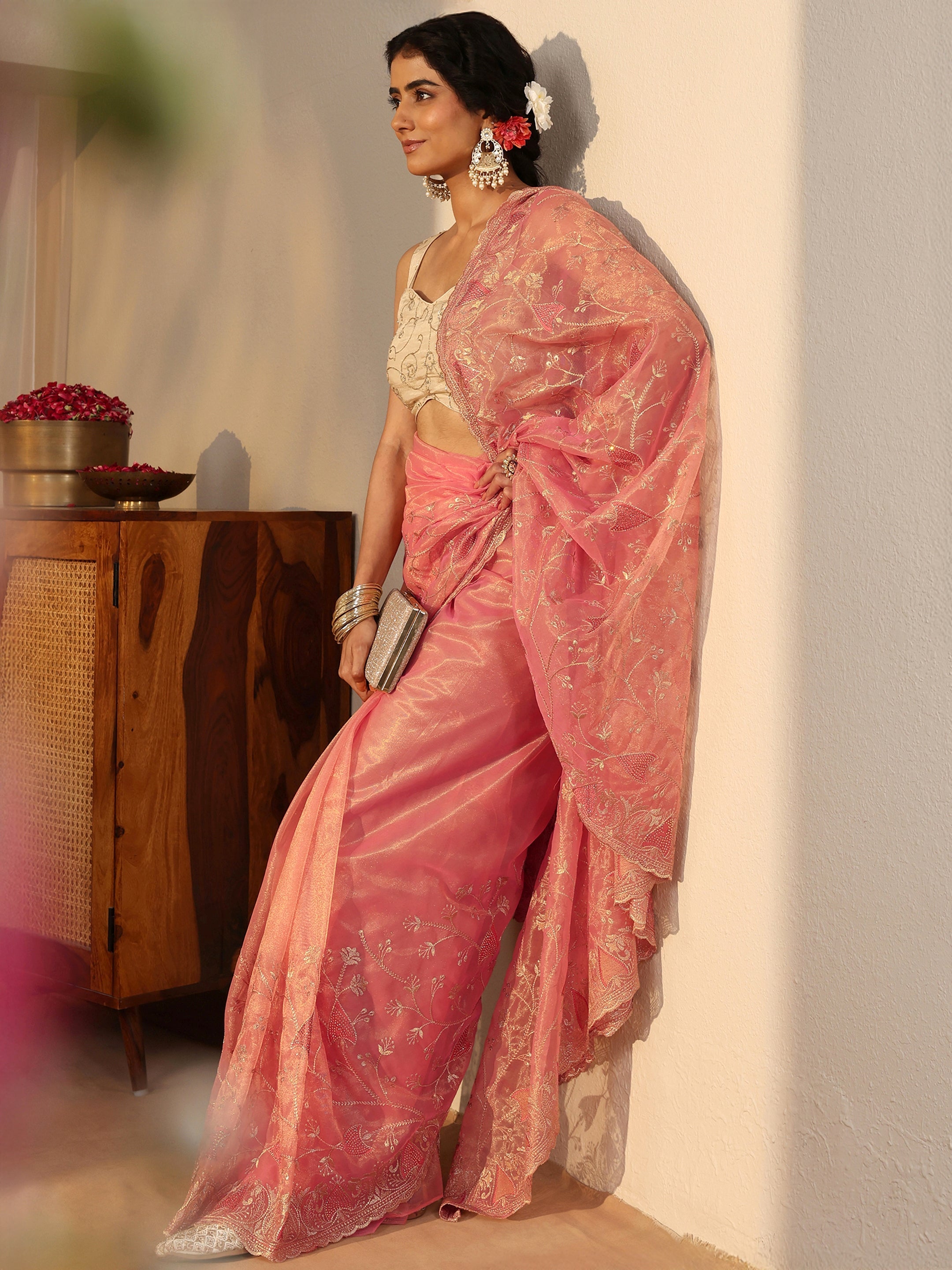 libas Peach Floral Embroidered Glossy Net Saree-picture-38