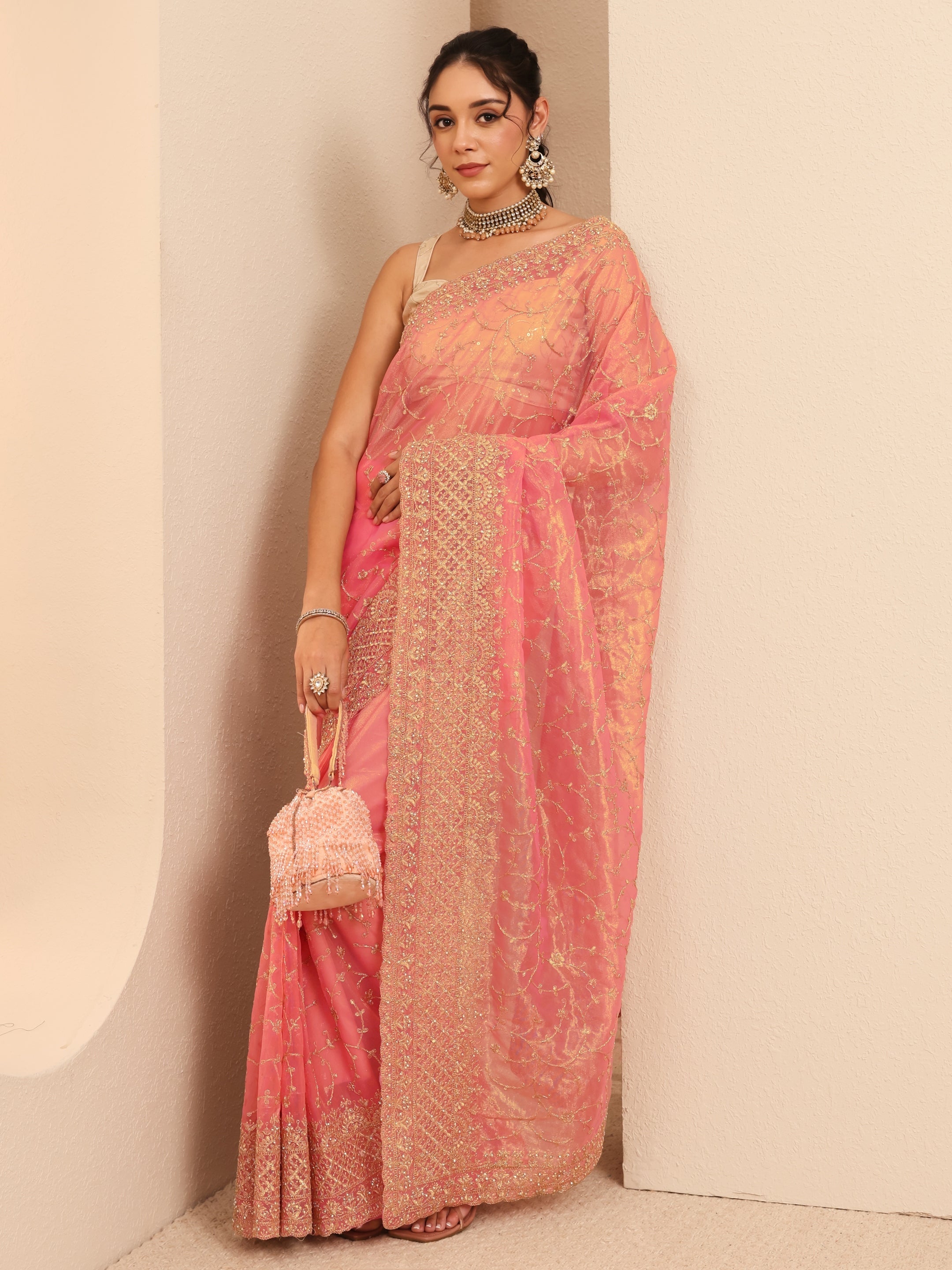 libas Peach Floral Embroidered Net Saree-picture-34