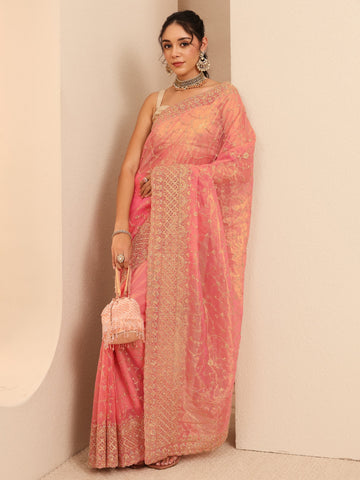 Peach Floral Embroidered Net Saree