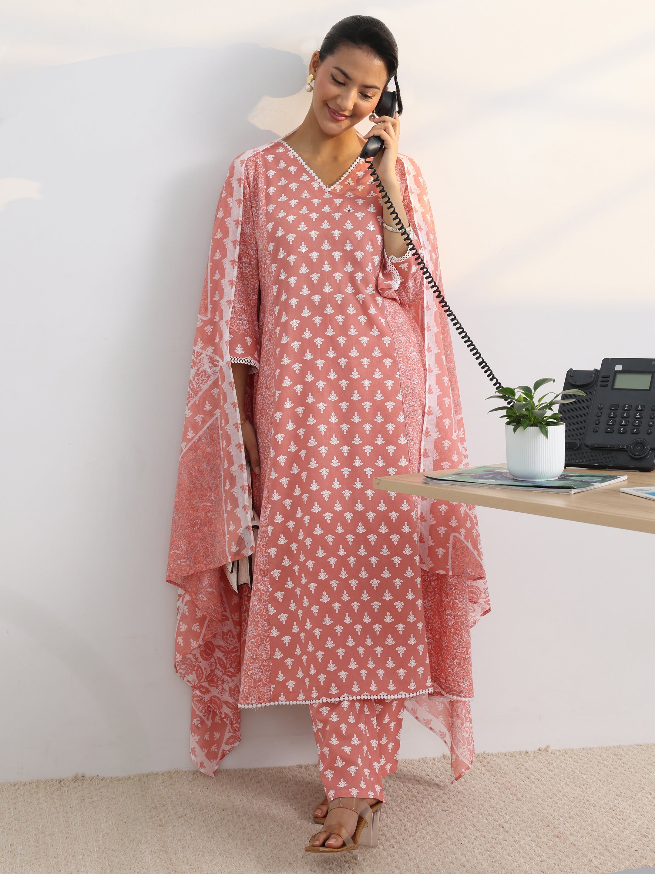 libas Peach Floral Printed Cotton Blend A-Line Suit Set With Dupatta-picture-23