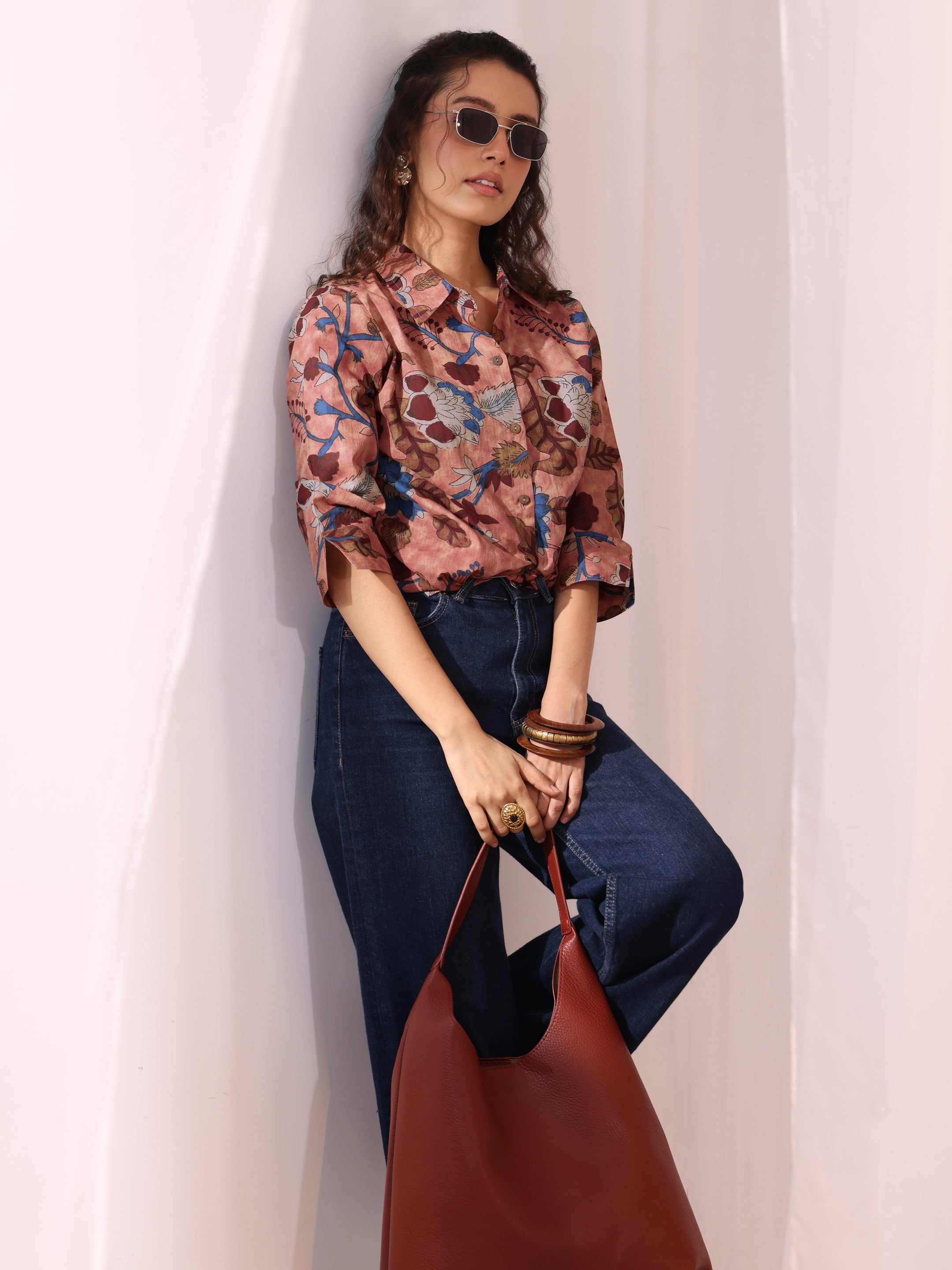 Peach Floral Printed Cotton Shirt-image-41