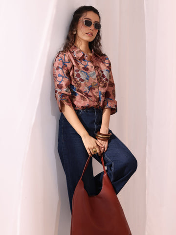 Peach Floral Printed Cotton Shirt