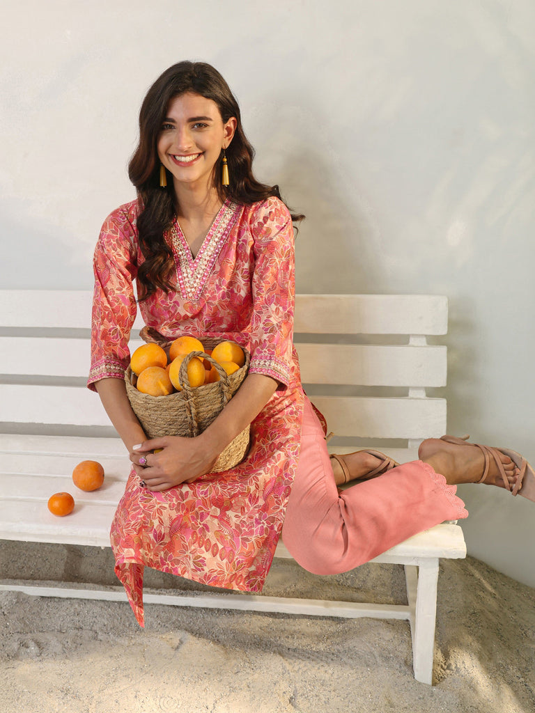 Libas Peach Floral Printed Silk Blend Straight Kurta