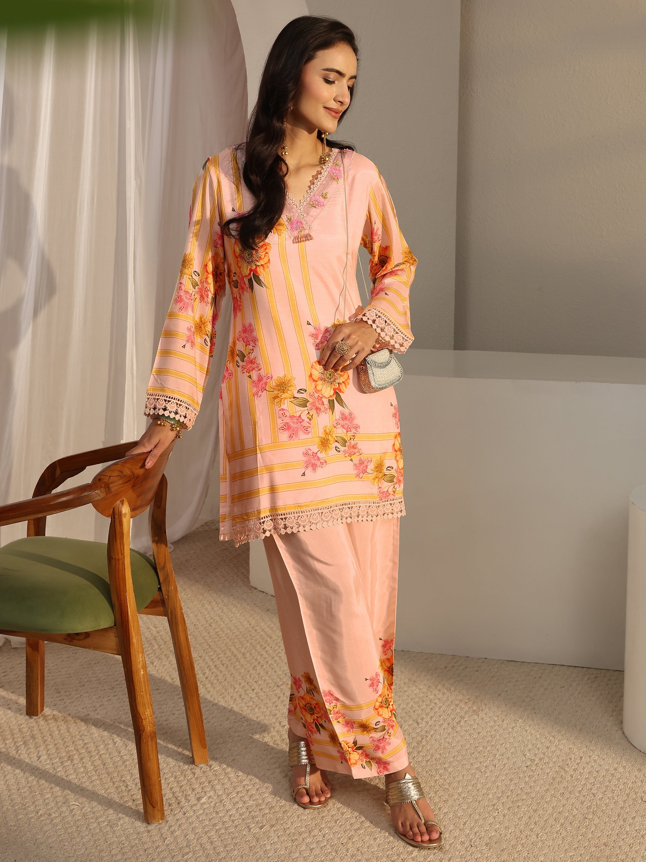 libas Peach Floral Printed Silk Blend Straight Kurta Set-picture-33