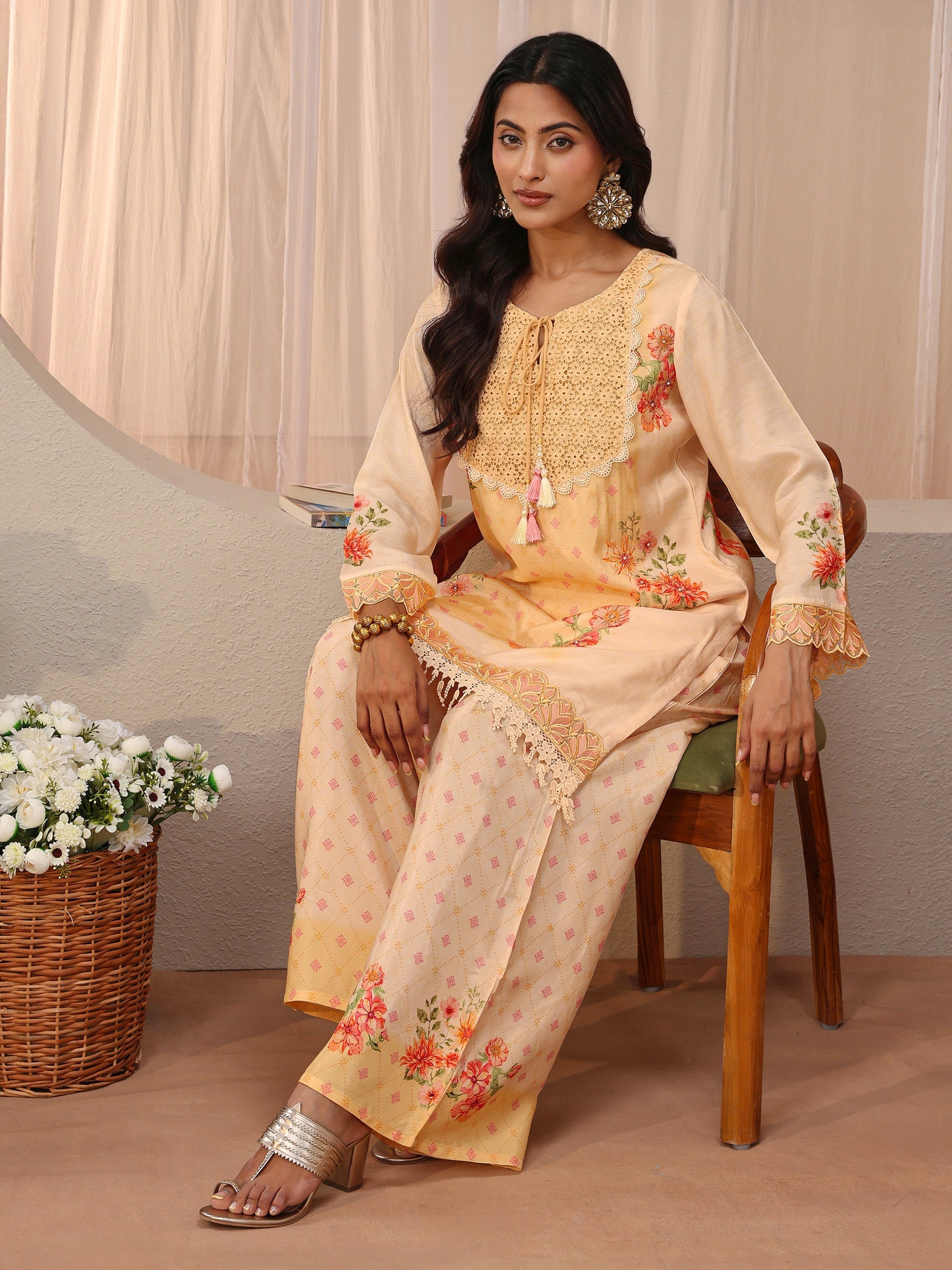 libas Peach Floral Printed Silk Blend Straight Kurta Set-picture-32