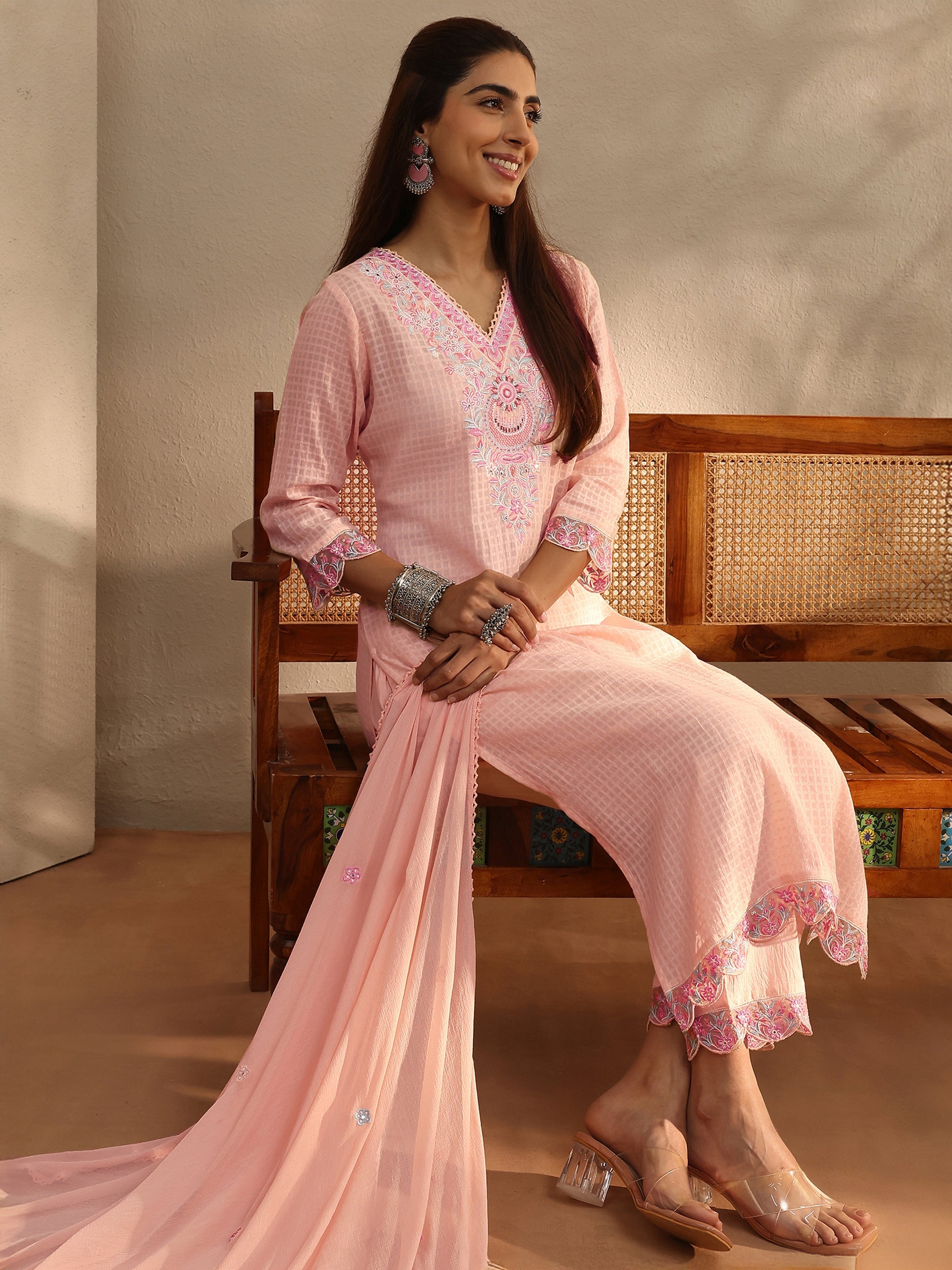 Peach Floral Self Design Cotton Blend Straight Suit Set With Dupatta-image-38