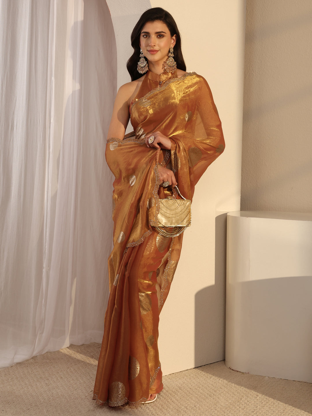  Libas Peach Foil Printed Tissue Saree With Unstitched Blouse Piece 