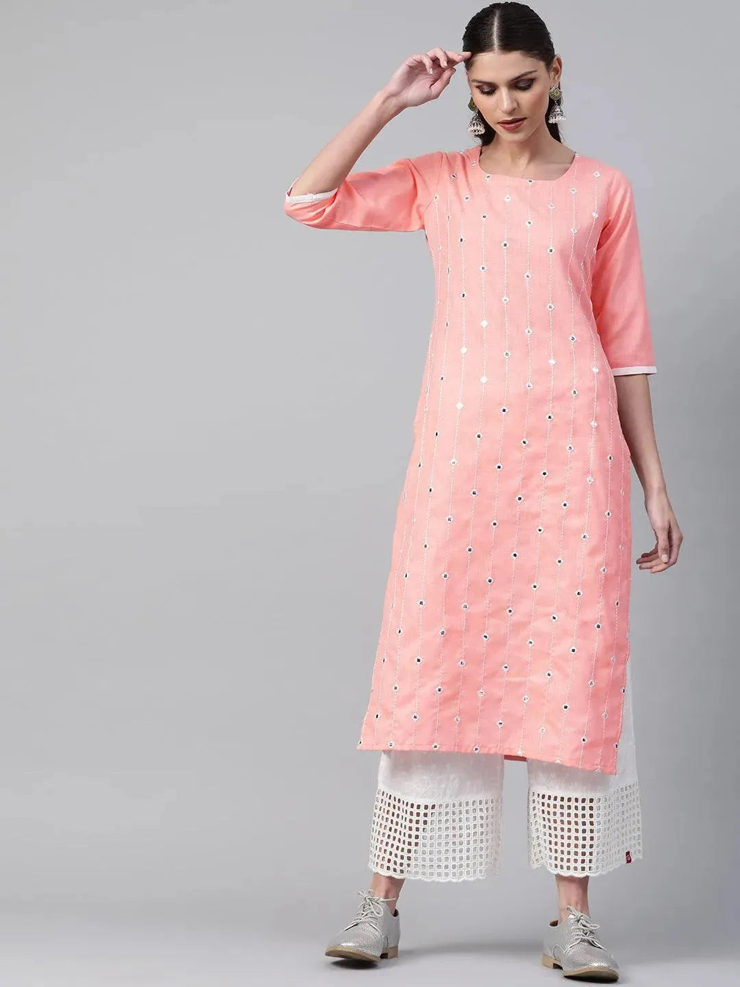 Peach Mirror Work Cotton Kurta - Libas