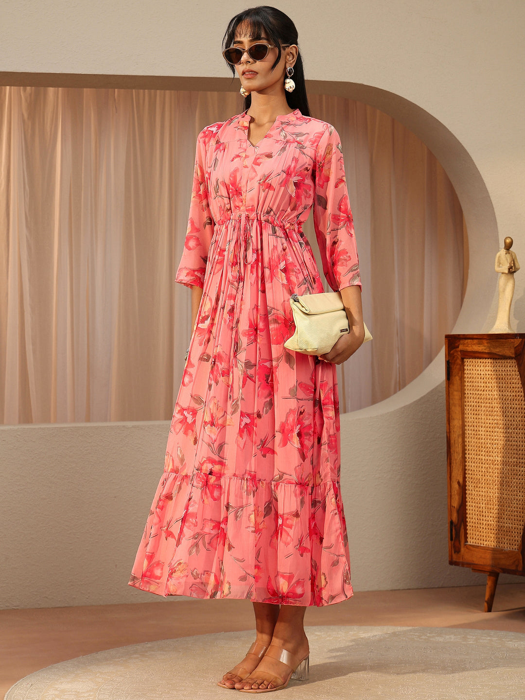  Peach Pink Floral Printed Chiffon A-Line Drop Waist Dress 