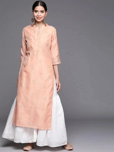 Peach Printed Chanderi Silk Kurta - Libas