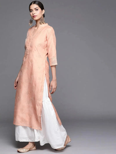 Peach Printed Chanderi Silk Kurta - Libas