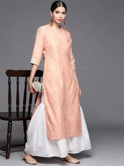 Peach Printed Chanderi Silk Kurta - Libas