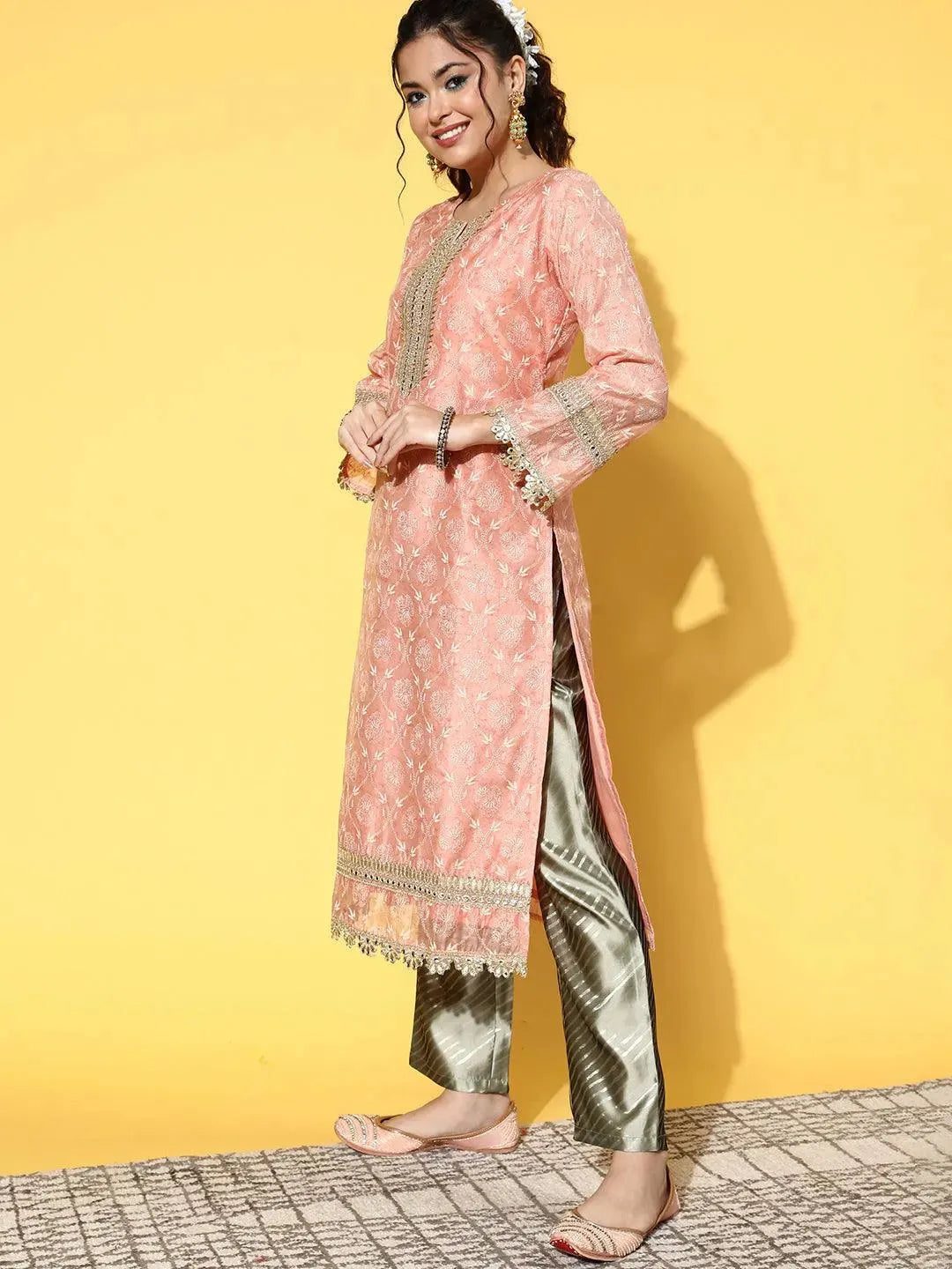 Peach Printed Chanderi Silk Straight Kurta - Libas 