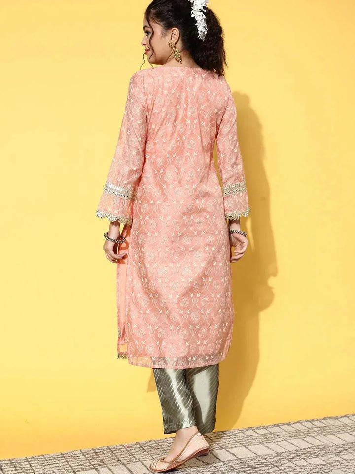 Peach Printed Chanderi Silk Straight Kurta - Libas