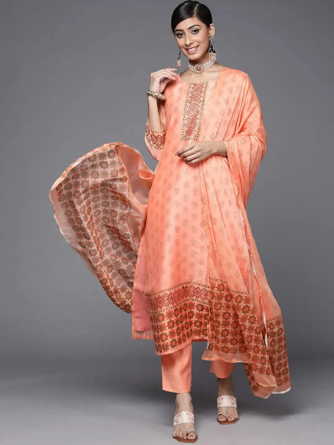 Peach Printed Chanderi Silk Suit Set - Libas