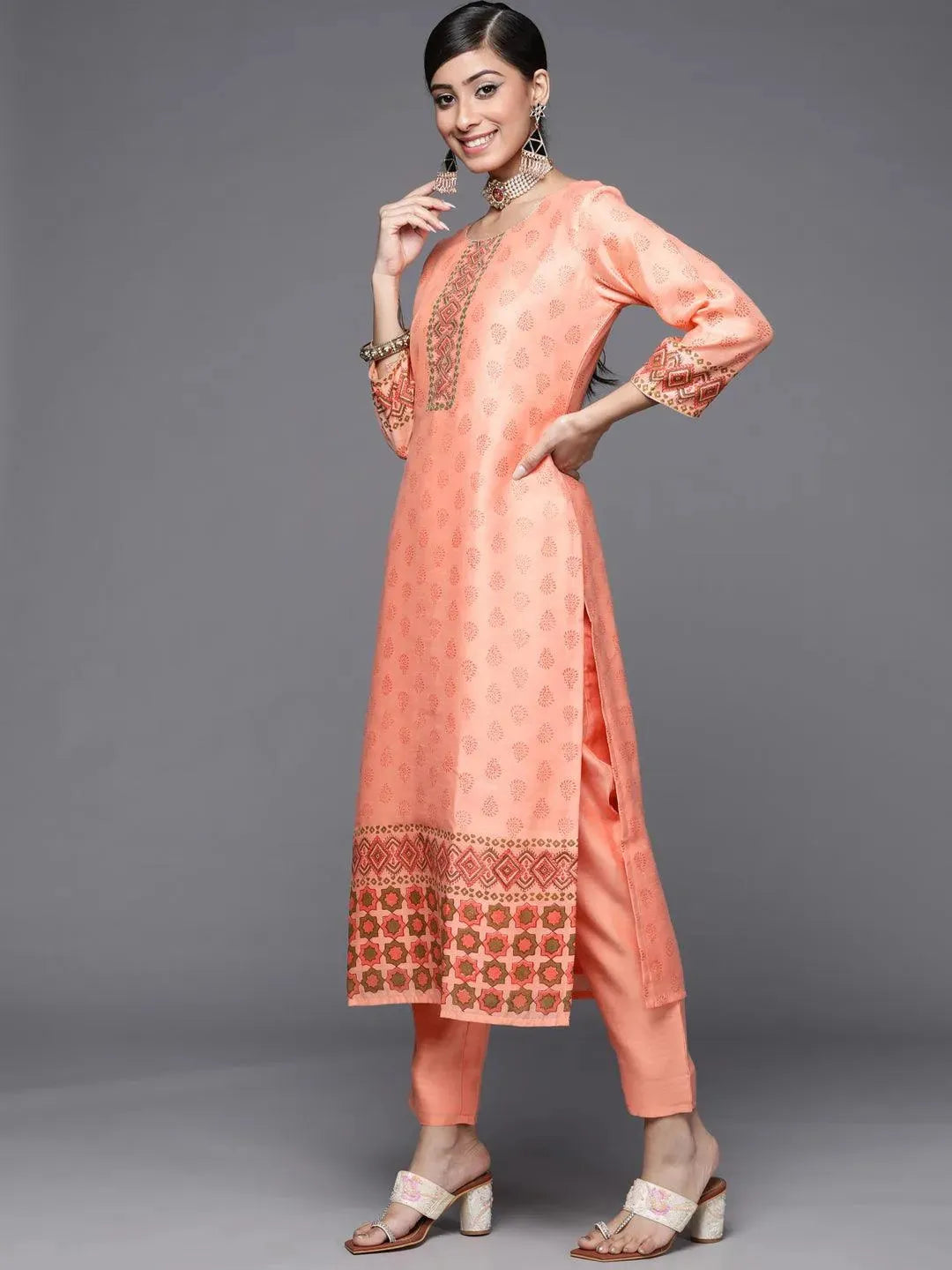 Peach Printed Chanderi Silk Suit Set - Libas