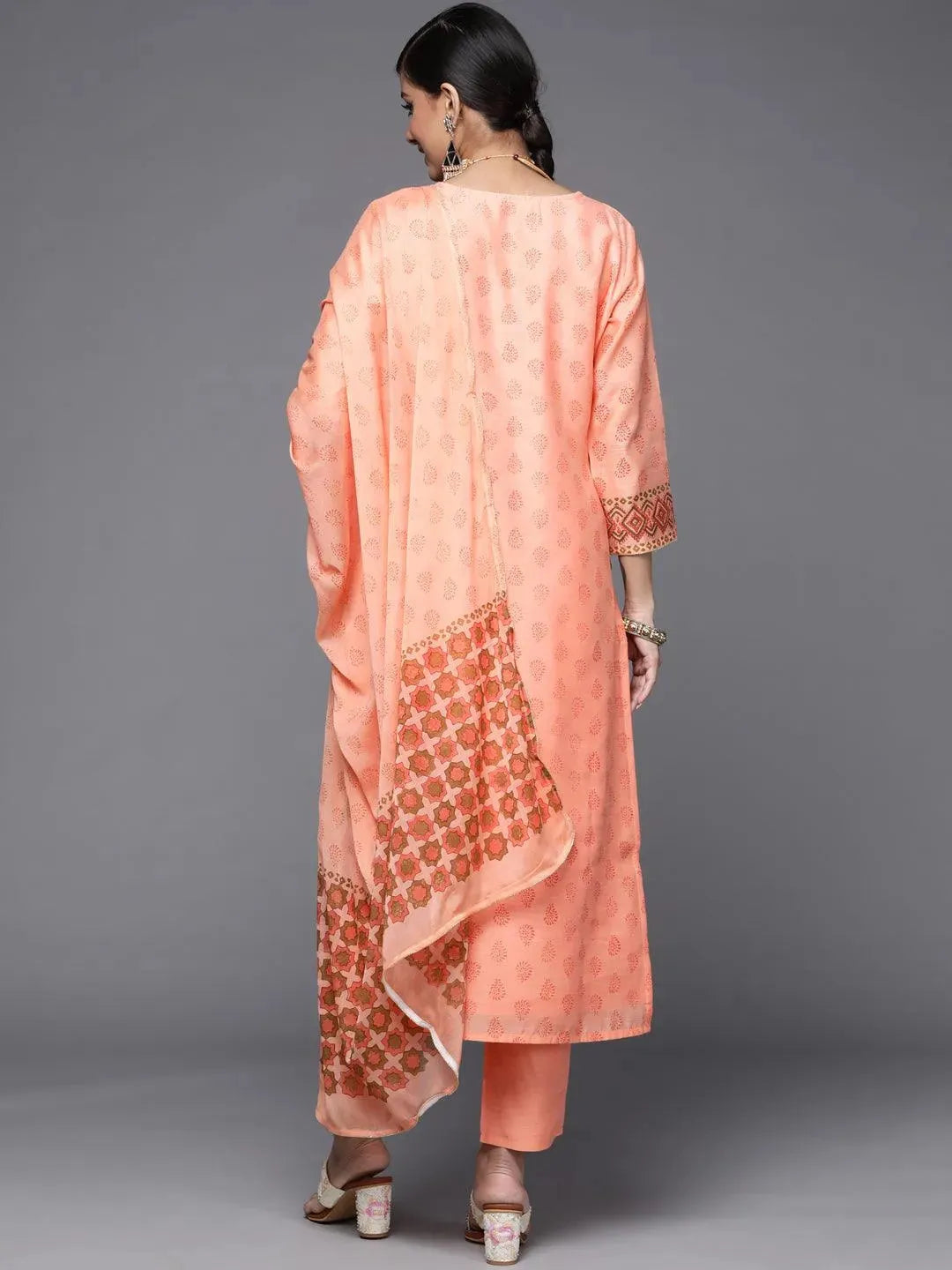 Peach Printed Chanderi Silk Suit Set - Libas