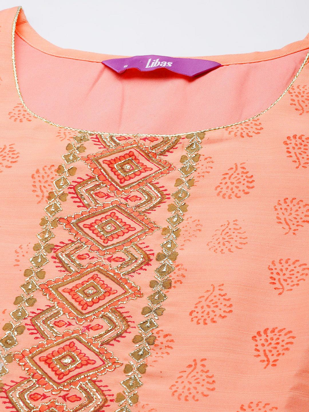 Peach Printed Chanderi Silk Suit Set - Libas