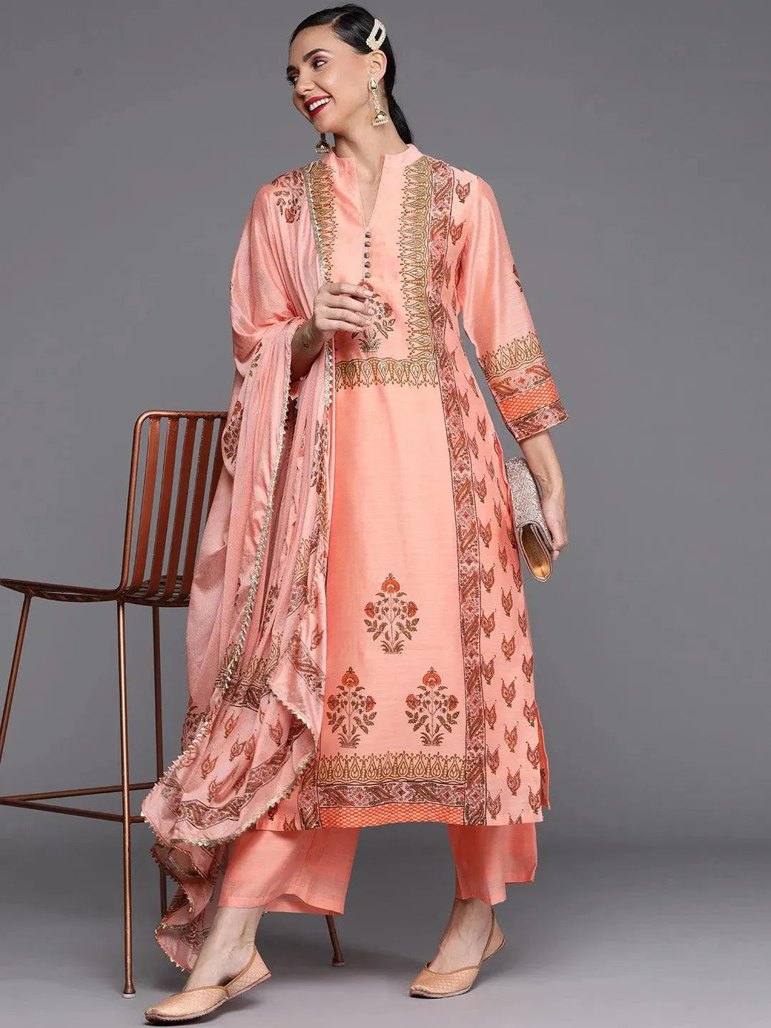 Peach Printed Chanderi Silk Suit Set - Libas 