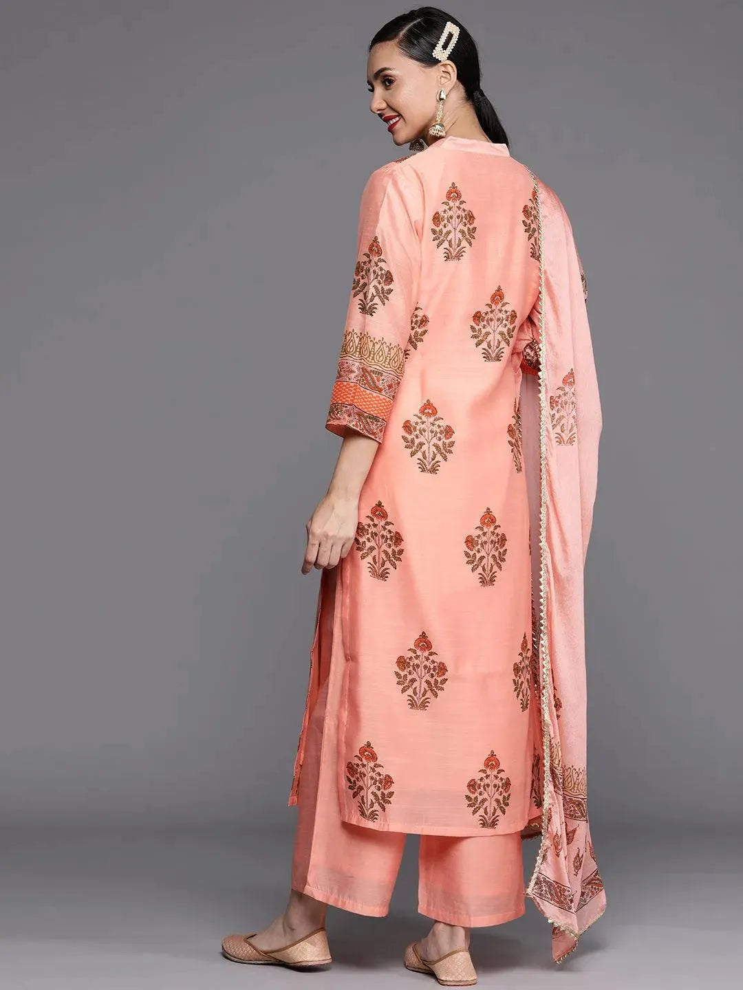 Peach Printed Chanderi Silk Suit Set - Libas