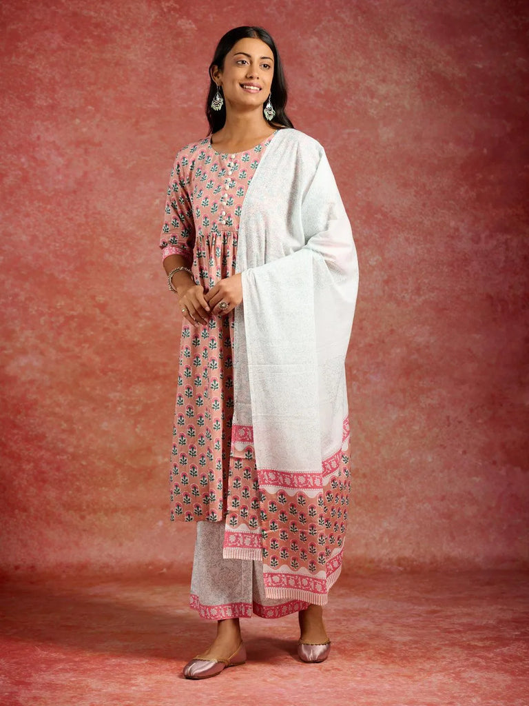 Libas Peach Printed Cotton A-Line Kurta With Palazzos & Dupatta